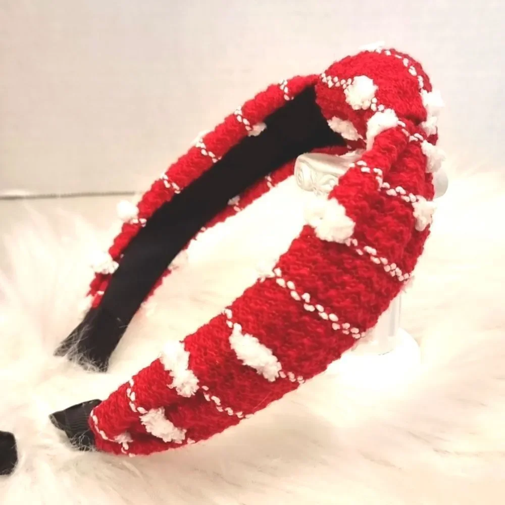 New! Cozy Red & White Festive Knit Padded Headband